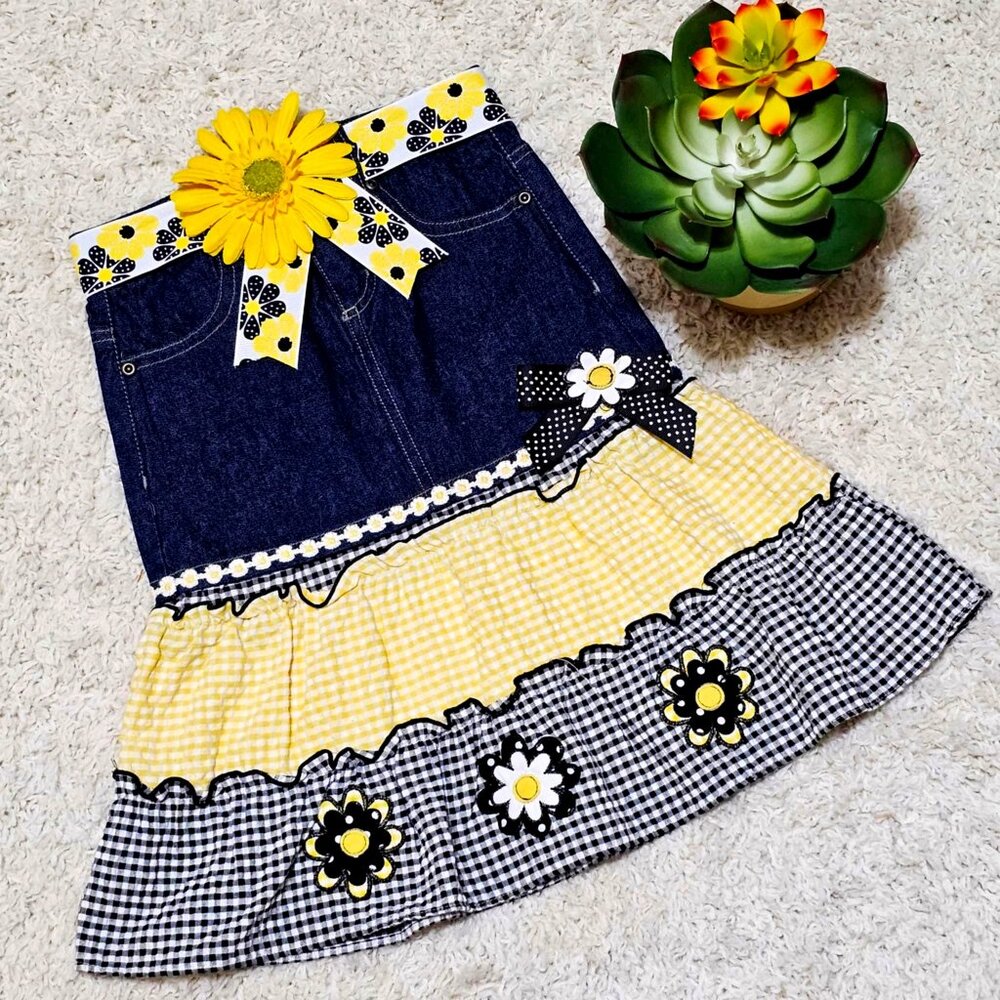 Skirt. Denim Yellow & Black Multi Tiered Gingham. Upcycled. Girls Size 5. EUC.